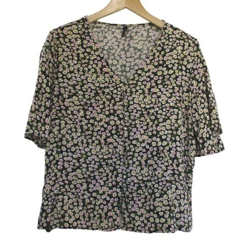 Rio Women's Floral Button Front Short Sleeve Blouse Shirt Top size XL Black Boho